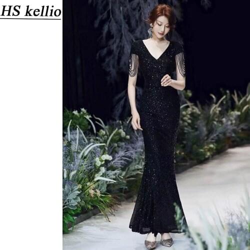 Celebrity-Dress Evening Black Sequined Party Dresses Mermaid Gown Formal Short Sleeves
