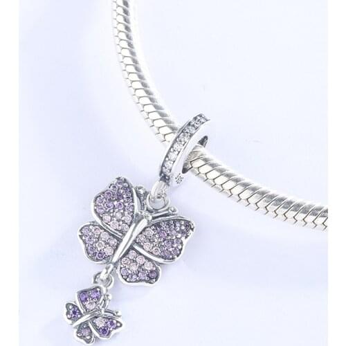 925 Sterling Silver CZ Zircon Two Size Purple Butterfly Pendant Charms Bracelet DIY Jewelry Making For Original Pandora