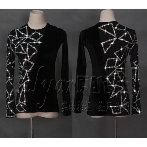 Latin Dance Shirts Men Flamenco Long Sleeve Round Neck Sequin Middle East Diamond Tops Ballroom Shirt Performance Wear S-XL