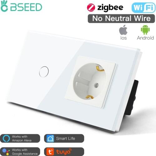 Bseed RU EU Type Zigbee Smart 1 Gang EU Standard Wifi Light Touch Switches With Wall Socket Plug Crystal Glass Panel 157mm