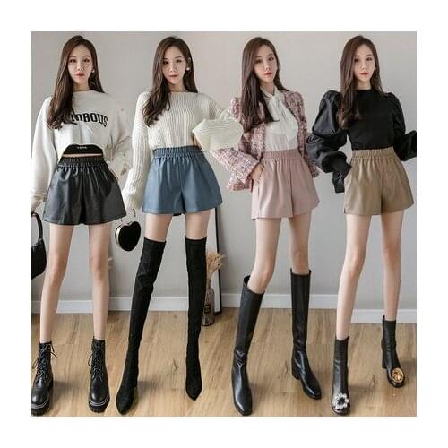 Khaki PU Leather Shorts Women High Quality Wide Leg Faux Leather Shorts High Waist Shorts For Women Autumn Loose PU Shorts DK563