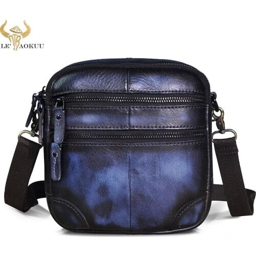 Real Natural Leather Male Retro Blue Daily Small Messenger bag Design 8" Crossbody One Shoulder bag Satchel For Men 8108-d