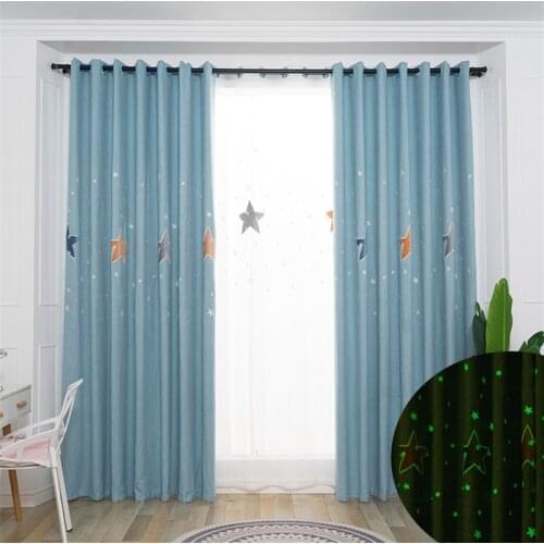 Luminous Embroidered Star Blackout Curtains for Kids Bedroom Newest Polyester 1 Piece Cartoon Gray Living Room Window Panels Hot