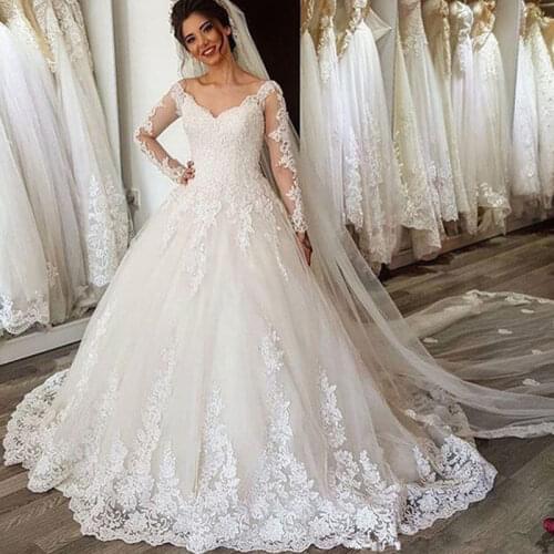 Vestido de Noiva Ball Gown Wedding Dress 2019 Long Sleeves V Neck Lace Beaded Bride Dress Wedding Gown Robe De Marie