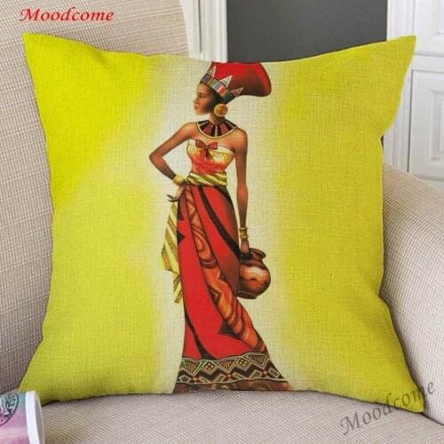 Vintage Africa Girl Woman Black Queen With Flower Bouquet Home Decoration Art Sofa Throw Pillow Cover Cotton Linen Cushion Case