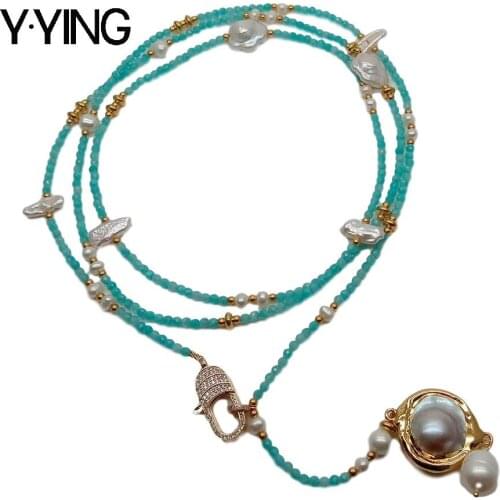 Y·YING Natural Blue Peruvian Amazonite White Keshi Pearl long Necklace white Mabe pearl Pendant 54" sweater chain necklace