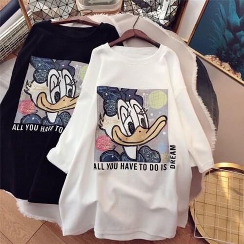 Cotton Oversized Womens Clothing 2021 Summer New Cartoon Printing Loose Round Neck Short Sleeve T-shirt Womens Top Wholesale
