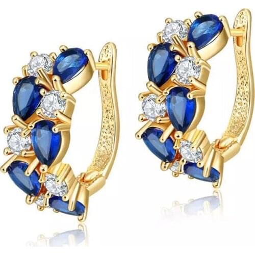 MxGxFam Deep Blue Round CZ Hoop Earrings For Women AAA+ Cubic Zircon 18 K Yellow Gold Color Top Quality