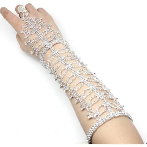 Fashion Luxury Leaf Crystal Rhinestone Women Long Bracelet Hand Back Chain Bride Wedding Bracelets Gloves Gold Color