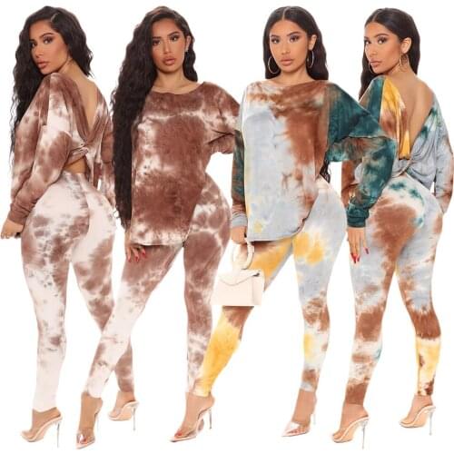 Tie Dye Print 2 Piece Set Women Casual Loose Long Sleeve T-shirt Tops and Bodycon Sweatpant Autumn High Waist Backless Outfit