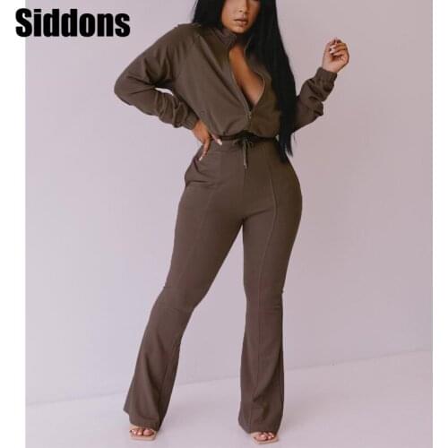 Women Two Piece Solid Plain Zipper Design Coat & Drawstring Pants Set Chic Suit Sets Female Sweatpants Set