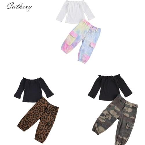 Cathery 1-6Y Baby Girls Clothes Casual Pant Sets Off Shoulder Solid Color Knitted Tops+Camouflage/Leopard/Tie Dye Pants Outfits