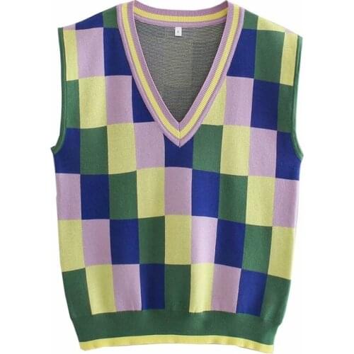 TRAF Women 2021 Fashion Multicolor Check Pattern V-Neck Knitted Vest Retro Sleeveless Sweater Vest Streetwear