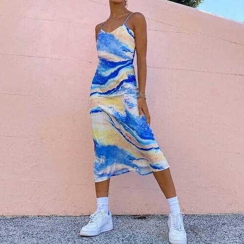 Casual Painting Loose Blue Women Dress Straped Off Shoulder Summer Vacation Female Dresses Streetwear Sexy Dress Vestidos 2021