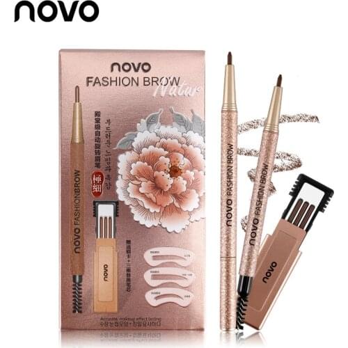 1 Set=3pcs NOVO 4 Colors New Eyebrow Pencil Makeup Set With 3pcs pencil+3pcs Eye Brows Template Waterproof Long Lasting Make Up