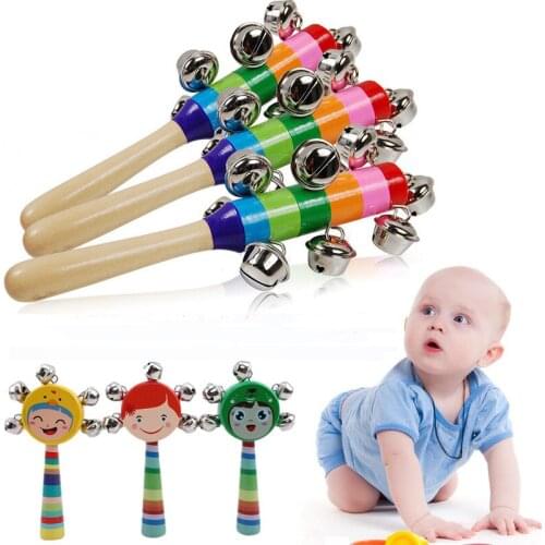 Babys Bell Vocal Toys Rainbow Shaker Stick Educational Toy Handle Wooden Activity Bell Ring Rainbow Musical Instrument