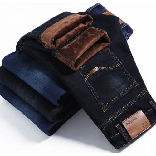 ICPANS Warm Thick Winter Denim Jeans Men Slim Fit Classic Vintage Black Blue Winter Denim Overalls Men Clothes Big Size 40 42