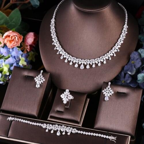 Janekelly 4pcs Bridal Zirconia Full Jewelry Sets For Women Party, Luxury Dubai Nigeria CZ Crystal Wedding Jewelry Sets