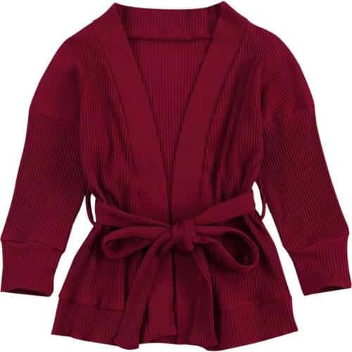 2-7Y Baby Girls Classic Cardigans Long Sleeve Lace up Waist Belt Combed Cotton Knit Sweater Jacket Top For Autumn Winter