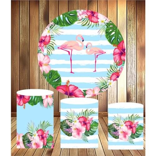 Round circle panel summer Flamingo tropical plant flower birthday dessert table decor elastic fabric 3 cylinder plinths cover