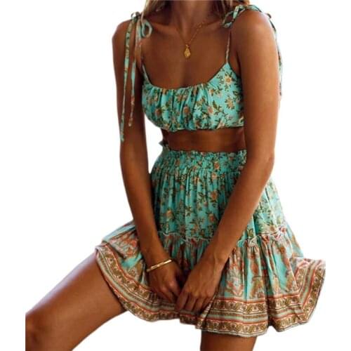 Summer Print Women Two Piece Summer Floral Skirt Sets Cami Crop Top A-line Skirt Fresh Sweet Clothes Suits