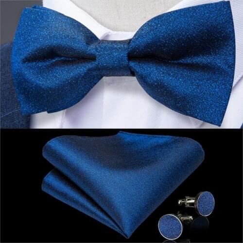 Mens Bowtie Blue Solid Silk Bowtie Hanky Cufflink Set High Quality Male Wedding Bowtie DiBanGu New Designer Fashion Party LH-118
