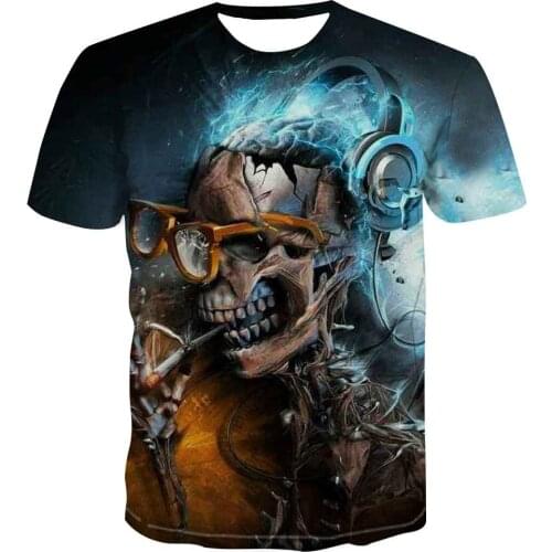 New Round Neck Mens Youth Loose 3D Skull Pullover Short Sleeve Wear 2017 Summer Classic Style Patchwork Shirt Caiziyijia