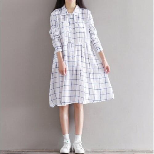 New vintage Autumn Sweet Women lattice Dress Turn-Down Collar Long Sleeve Loose Female Robe Cotton Linen Mori Girl Casual Dresse