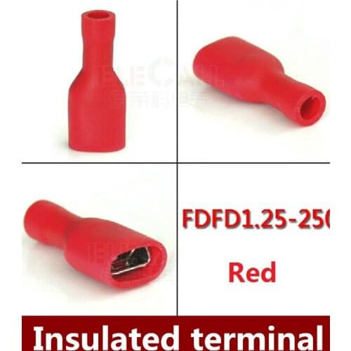 500pcs/lot FDFD1.25-250 22-16AWG Fully Insulated RED Female Electrical Spade Crimp Connector Terminals Free shipping