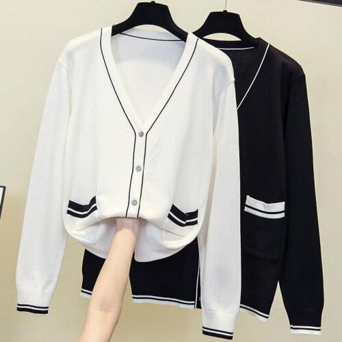 Black White Single-breasted Knitted Cardigan Autumn Elegant Classic Hit Color Long Sleeve V Neck Tops Plus Size Clothing Femme