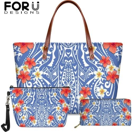FORUDESIGNS Casual Tote Bag for Ladies Plumeria Hibiscus And Polynesia Tribe Pattern Womans Large Capacity Handbags Neoprene Sac