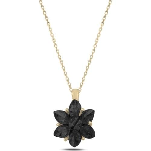 Silverlina Silver Lotus flower Black Zircon Stone Necklace