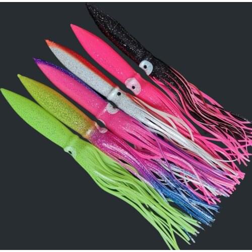 SWOLFY 6pcs 30cm jig octopus fishing lure luminous Squid Skirts Soft Plastic octopus Lures Trolling Saltwater Bait for tuna fish