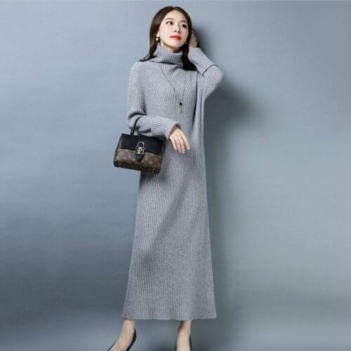 Turtleneck Sweater Dress Women Long Korean Fashion Simple Solid Color Knit Dress Maxi Casual Slim Bodycon Vestidos Robes f1459