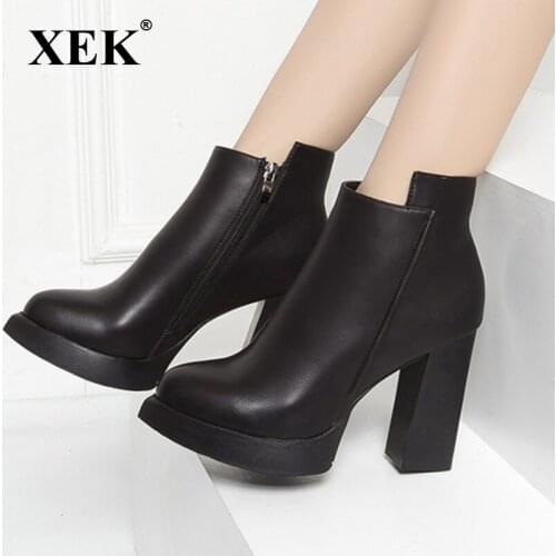 XEK Thick High Heels booties Woman 2018 Pu Leather Platform Female Ankle Boot Zip Women Shoe Female Winter Footwear ZLL526