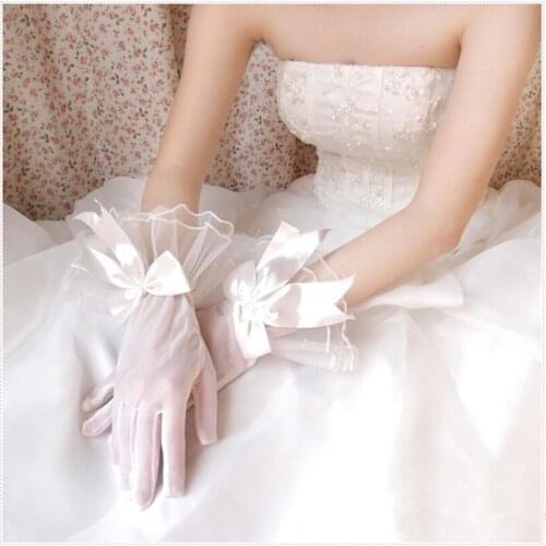 Women Lace Mesh Gloves Ladies White Wrist Gloves Large Bow Knot Marriage Glove Party Cosplay Accessories