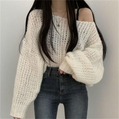 2021 Korean spring and autumn all-match skin-exposed hedging loose thick line casual lantern sleeve knitted sweater women H832