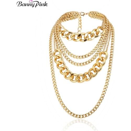 Banny Pink Hiphop Layer Multi Metal Chain Choker Necklaces For Women New Punk Statement Chain Choker Collar Big Link Clavicle