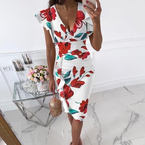 Summer Slim Waist Side Pleated Ruffled Dress Sexy Bodycon Short Sleeve Midi Party Dress Women Elegant V-Neck Floral Print Dress