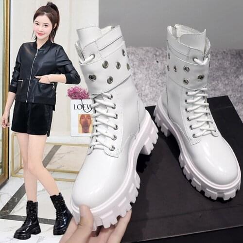 Winter Womens Boots Fashion Mid Calf Square-Heel Lace-up Boots Round Head Mid-heel Womens PU Boots Zapatos De Mujer Q10-80