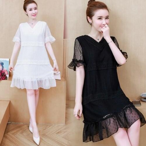 9882# Maternity Dress Summer Chiffon fashion V Neck White Short Sleeve Loose Stylish Dress for Pregnant Women Mom Dress