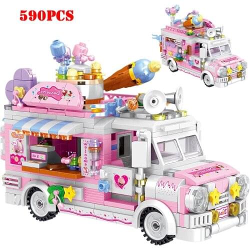 Friends For Girl Food Truck Ice Cream Shop Hamburger Store City Street View Micro Building Blocks Mini Bricks Children Toys Gift