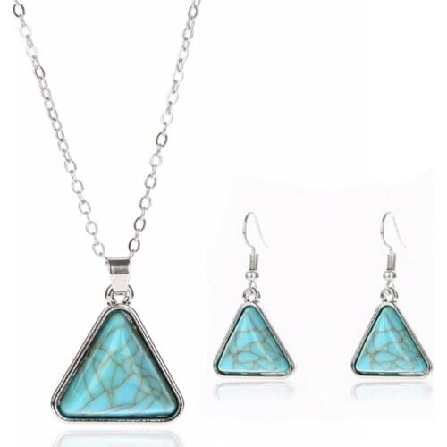 FYJS Unique Silver Plated Geometric Shape Pendant Necklace Green Turquoises Stone Earrings Simple Style Jewelry Sets