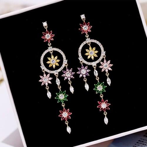 Korean Fashion Tassels Colorful Zircon Earring for Women Jewelry Long Hanging Drop Flower Decoration Dangle Earrings Accessories