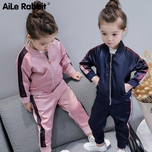 2019 Autumn Fashion Girls Clothes Set Long Sleeve Jacket Pants 2 Piece Set Casual Sports Pink Navy Blue For Girls Zipper Coat