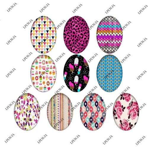 LPLWJA Geometry Pattern Oval Shape Glass Cabochon 10pcs Mixed Photo Flatback Beads Demo Flat Back Making Jewelry Findings
