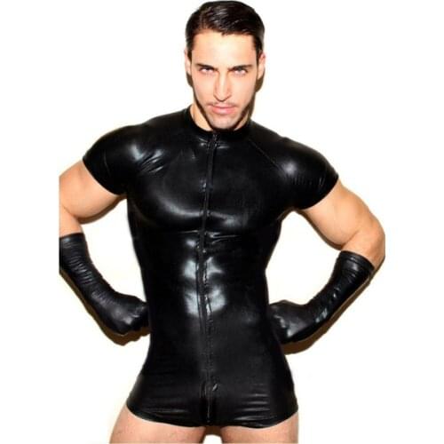 Mens Sexy Faux Leather Tight Bodysuit See Through Mesh Leotard Erotic Open Crotch Zipper Teddies Lingerie Nightclub Stage Wear