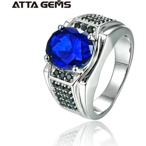 Blue Sapphire Silver Mens Wedding Ring S925 7.2 Carats Created Sapphire Classic Simple Design for Men Fine Jewelry Gift