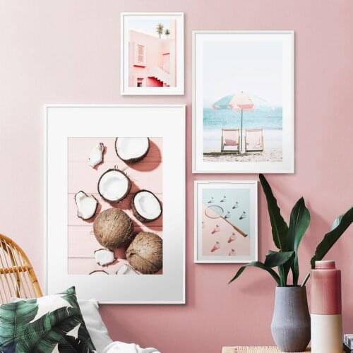 Flower Pink Walls Beach Umbrella Coconut Badminton Wall Art Print Canvas Painting Nordic Poster Decor Picture For Living Room