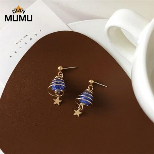 New Korean Lovely Cute Space Hollow Spiral Tree Drop Earrings Temperament Blue Universe Plant Star Earrings Women Party Jewelry